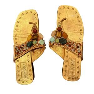 Bridget Genuine Leather Beaded Slide Sandals Gold Size 10